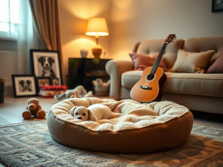 Flick International A serene living room with a cozy dog bed symbolizing the memory of Sharon Osbourne's dog Elvis
