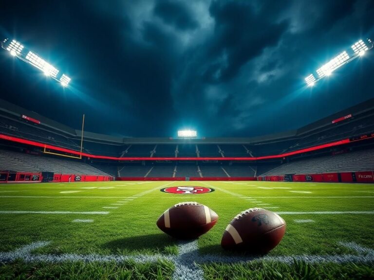 Flick International An empty football field under stadium lights with a visible 49ers emblem in the end zone