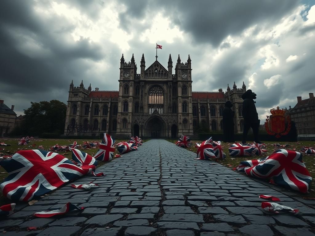 Flick International A desolate view of Westminster Abbey under dark storm clouds with graffiti art overlay