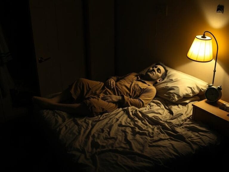 Flick International AI-generated image of a homeless man lying on an unmade bed in a dimly lit bedroom