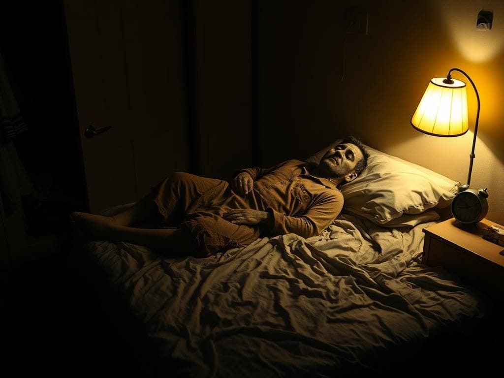Flick International AI-generated image of a homeless man lying on an unmade bed in a dimly lit bedroom