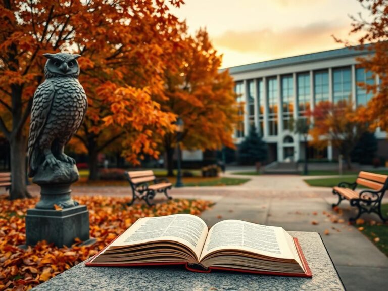 Flick International Tranquil college campus scene in autumn with colorful trees and open book