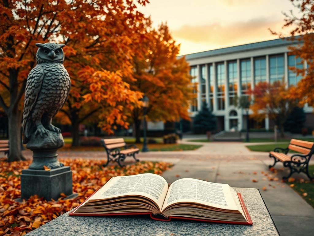 Flick International Tranquil college campus scene in autumn with colorful trees and open book
