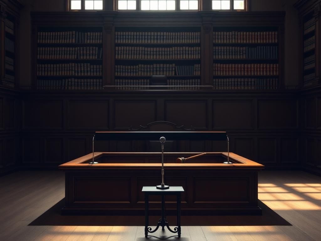 Flick International Empty courtroom with a polished wooden judge's bench and legal books
