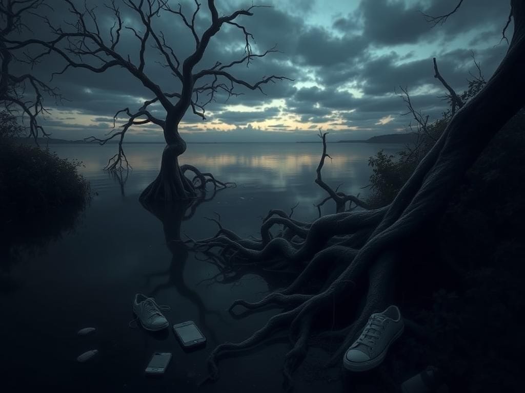 Flick International Eerie twilight bayou landscape with dark waters and twisted trees