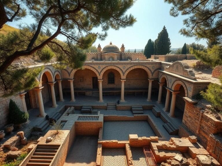 Flick International Aerial view of an ancient Byzantine bathhouse in Olympus, Turkey