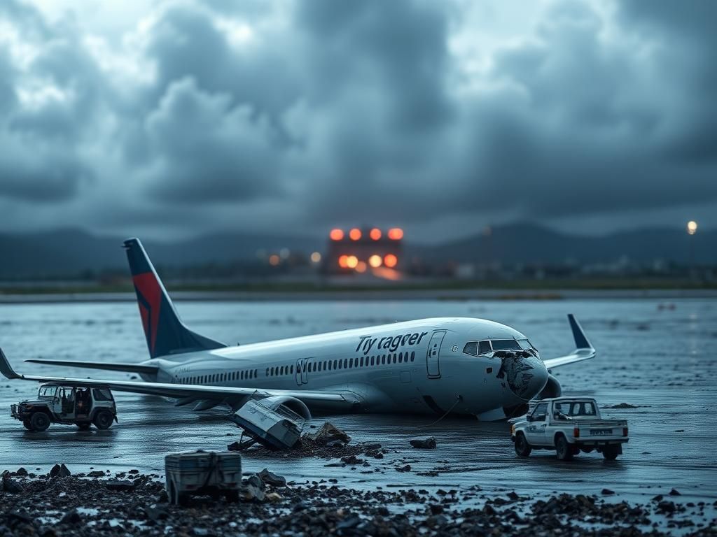 Flick International A damaged Boeing 737 cargo jet submerged near Hong Kong airport runway