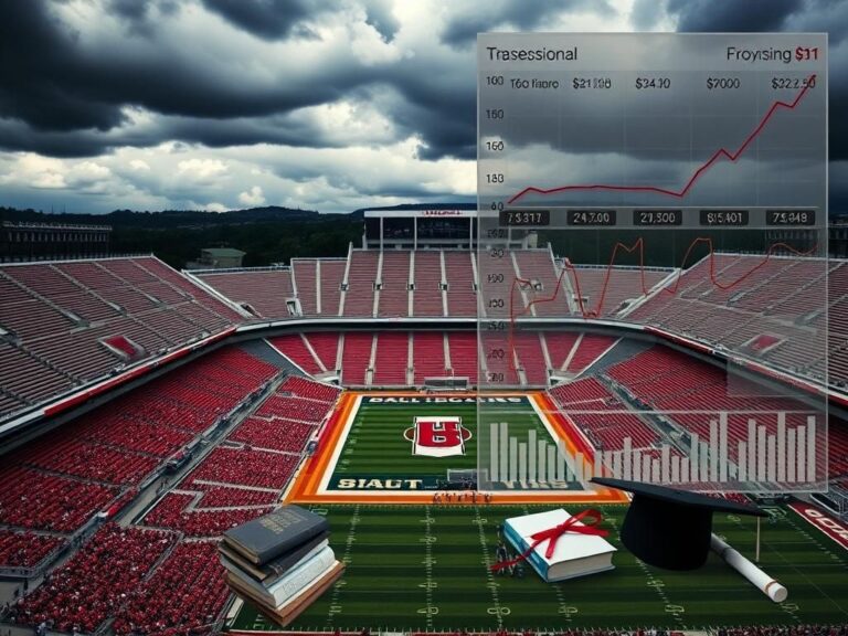 Flick International Aerial view of an empty college sports stadium surrounded by financial charts depicting hedge fund investments