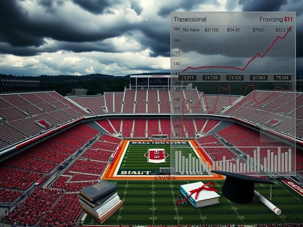 Flick International Aerial view of an empty college sports stadium surrounded by financial charts depicting hedge fund investments