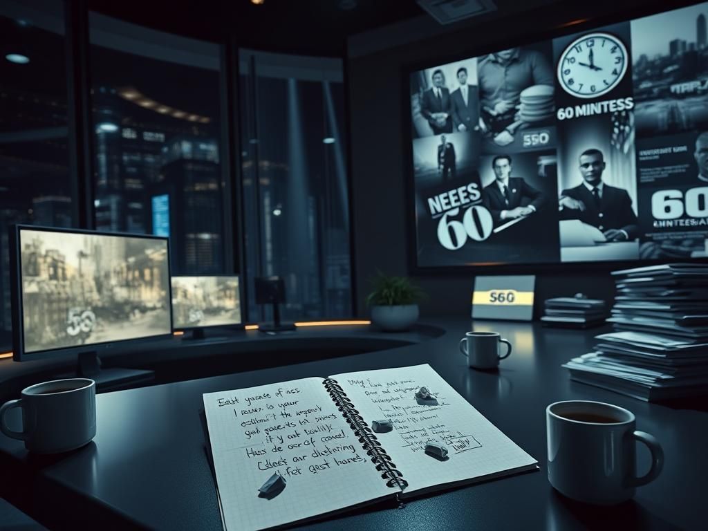 Flick International A dimly lit newsroom with shadowy windows reflecting a bustling cityscape, symbolizing urgency and curiosity