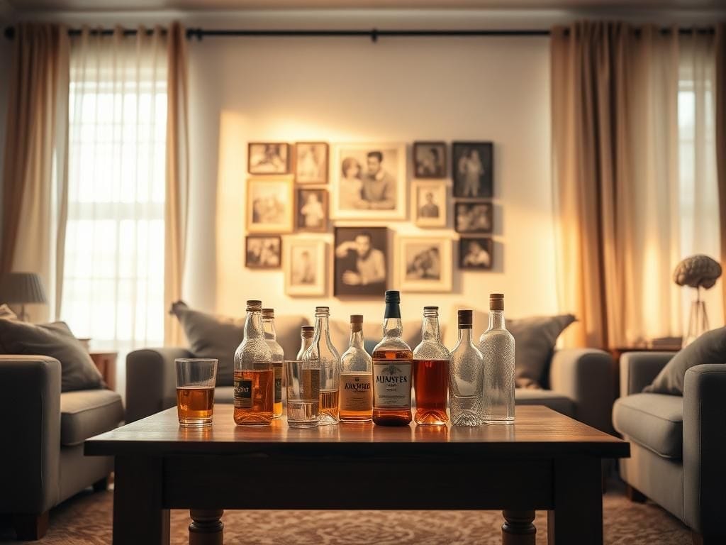 Flick International A softly lit living room with a wooden coffee table showcasing various alcohol bottles and glasses, symbolizing alcohol consumption and its effects on cognitive health.