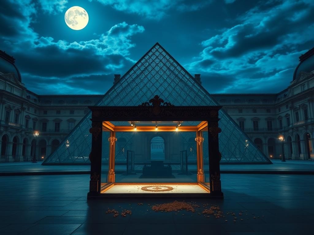 Flick International Dramatic scene of the Louvre Museum at night with its glass pyramid illuminated and an empty display case symbolizing the theft of crown jewels.