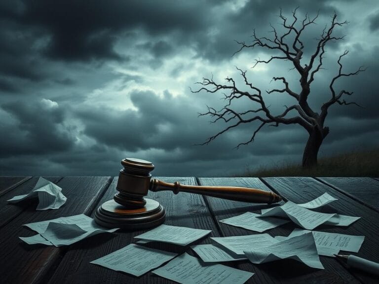 Flick International A darkened scene with an empty gavel on a wooden table surrounded by crumpled papers under stormy skies