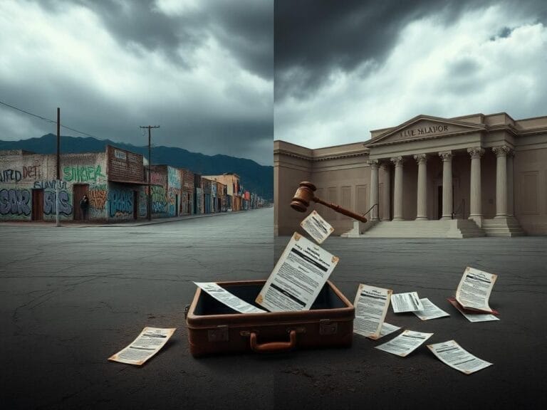 Flick International A contrasting image representing the struggles of immigration, featuring a vibrant El Salvador street and a solemn U.S. courtroom.