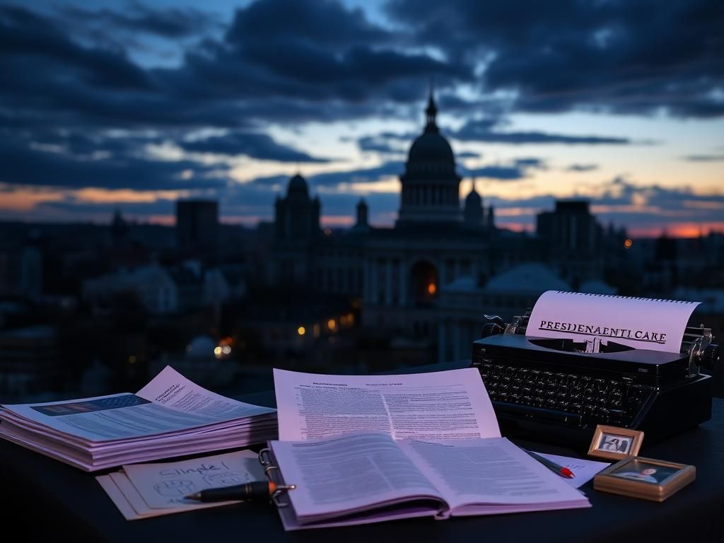 Flick International Dramatic cityscape at dusk with historic building silhouette and campaign materials