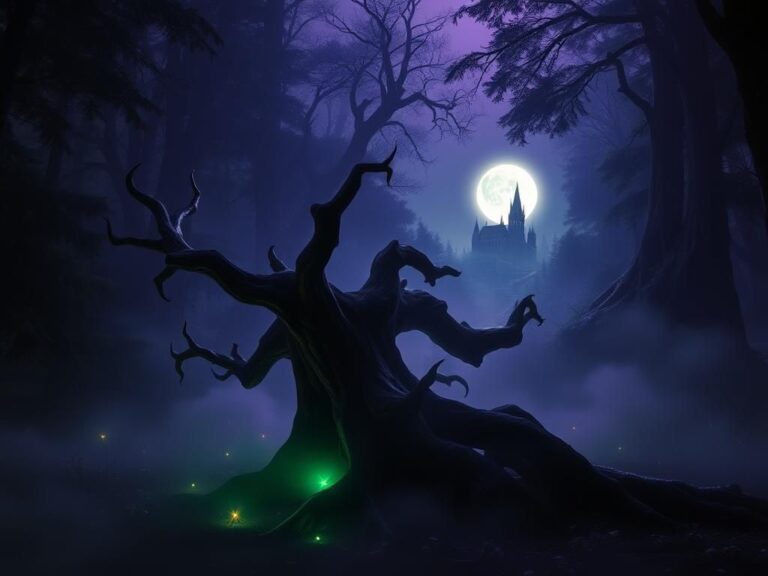 Flick International Dimly lit enchanted forest scene with a gnarled tree stump resembling a demonic figure from 'Legend.'