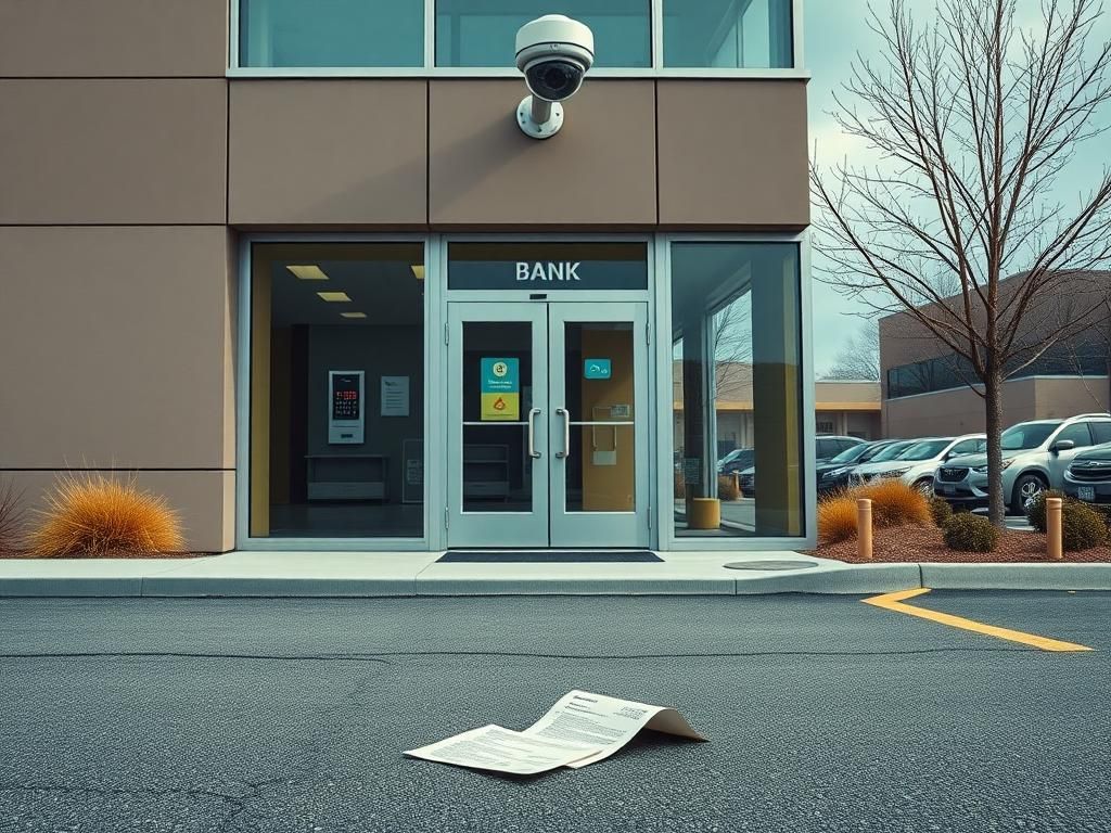 Flick International Modern bank exterior in Colorado with strong security measures and surveillance cameras