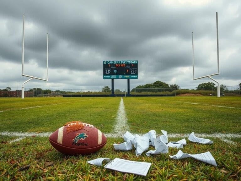 Flick International A desolate football field under a gray sky with uneven grass and an abandoned football