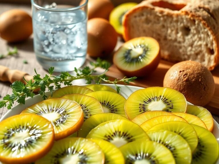 Flick International Plate of sliced kiwi surrounded by fresh herbs and whole rye bread