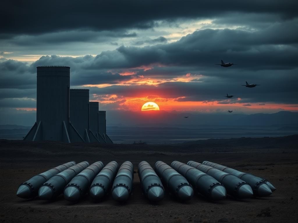Flick International Towering missile silos against a dark stormy sky with nuclear warheads in the foreground