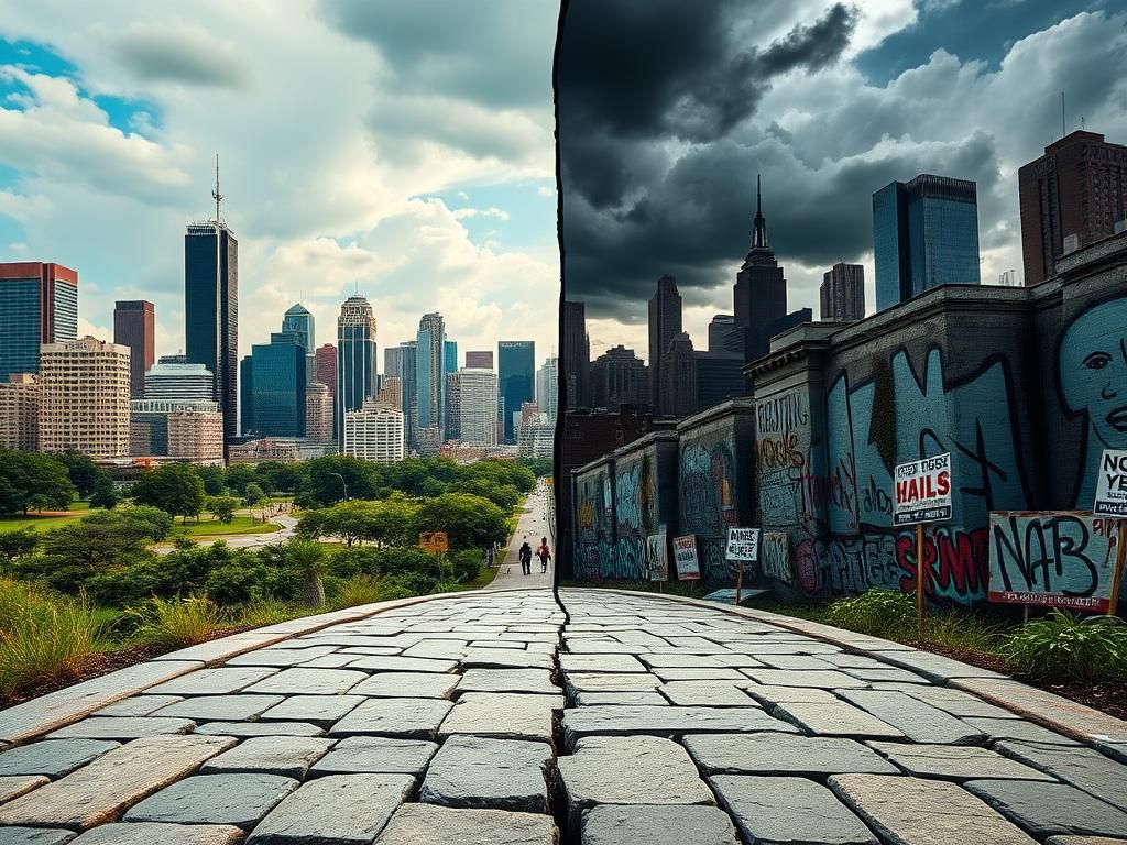 Flick International Split urban landscape contrasting Houston's vibrant skyline and New York City's chaotic backdrop