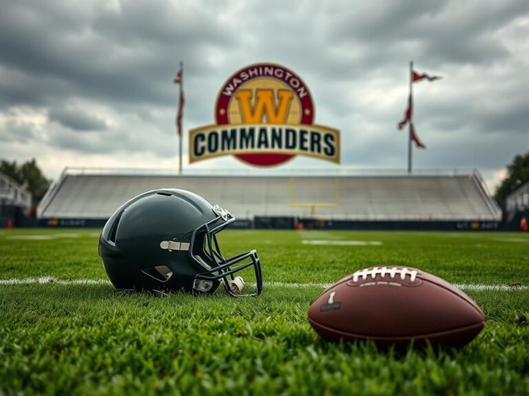Flick International An empty football helmet on the grass near the Washington Commanders logo, symbolizing uncertainty.
