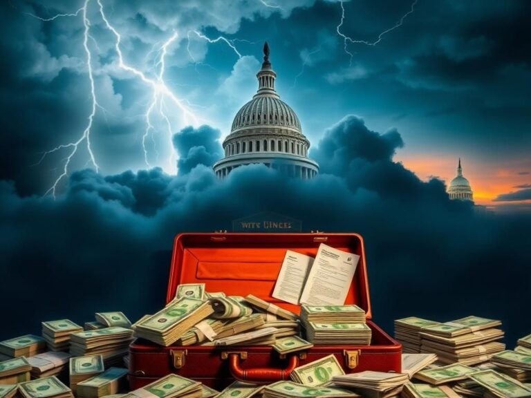 Flick International Capitol Building under dark storm clouds with cash and financial reports in the foreground
