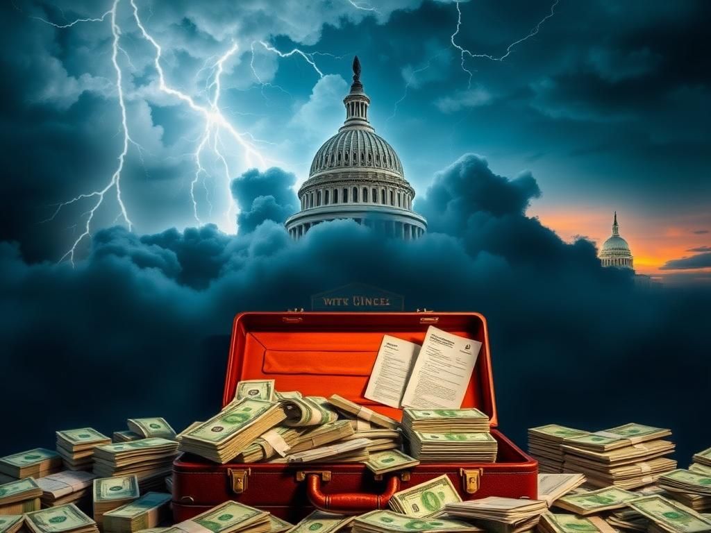 Flick International Capitol Building under dark storm clouds with cash and financial reports in the foreground