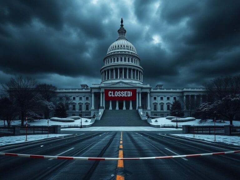 Flick International U.S. Capitol building under gray skies with a closed sign, symbolizing government shutdown