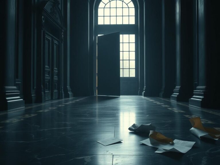 Flick International Dimly lit hallway with a regal door, symbolizing unresolved controversies surrounding Prince Andrew