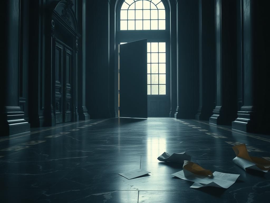 Flick International Dimly lit hallway with a regal door, symbolizing unresolved controversies surrounding Prince Andrew