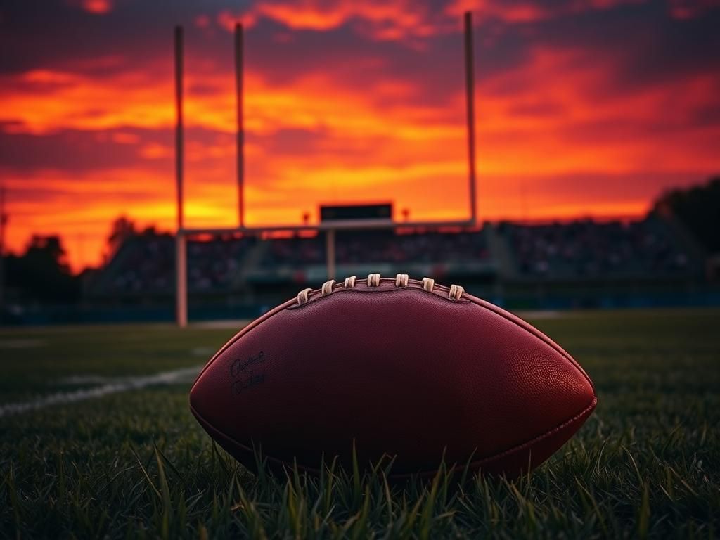 Flick International Dramatic sunset illuminating a football field with vintage leather football in the foreground
