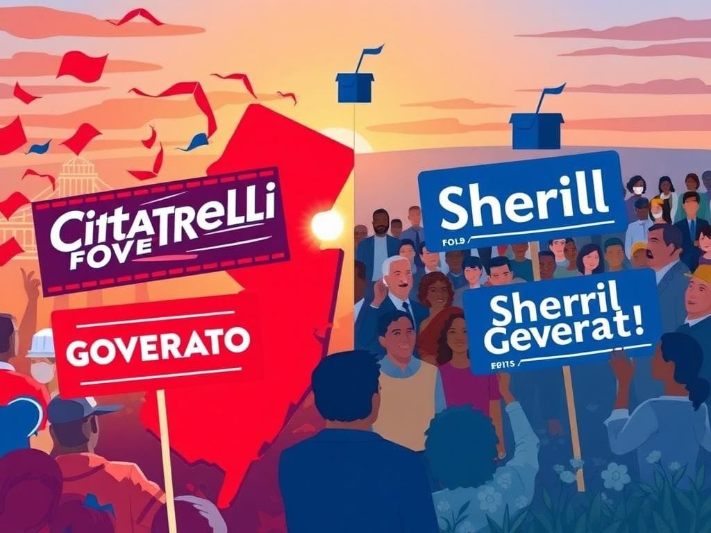 Flick International Dynamic illustration depicting the New Jersey governor election competition between Jack Ciattarelli and Mikie Sherrill.