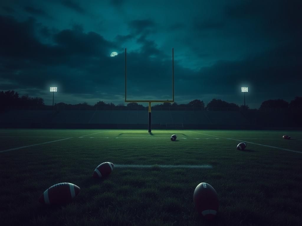 Flick International A somber football field at dusk with a lone goalpost, symbolizing the memory of Doug Martin