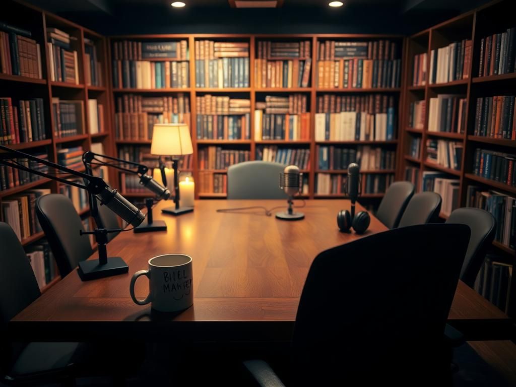 Flick International Dimly lit podcast studio with wooden table, microphones, and an empty chair symbolizing anticipation.