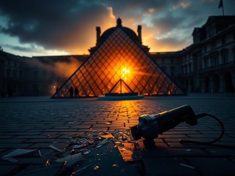 Flick International Exterior view of the Louvre Museum at sunrise, featuring shattered glass and an abandoned angle grinder.