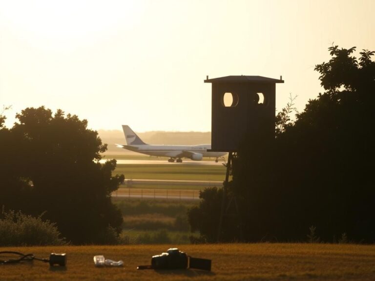Flick International Tall hunting stand positioned among dense trees near Air Force One exit area