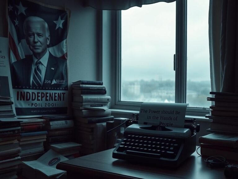 Flick International A dimly lit room showcasing political memorabilia and a vintage typewriter