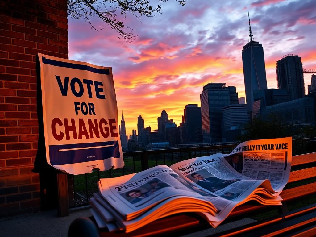 Flick International Dramatic sunset over New York City skyline featuring iconic landmarks with a campaign poster and a newspaper in the foreground.