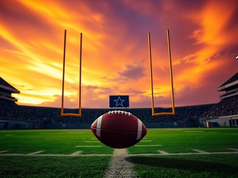 Flick International Brandon Aubrey kicking a football towards the goalposts against a sunset backdrop