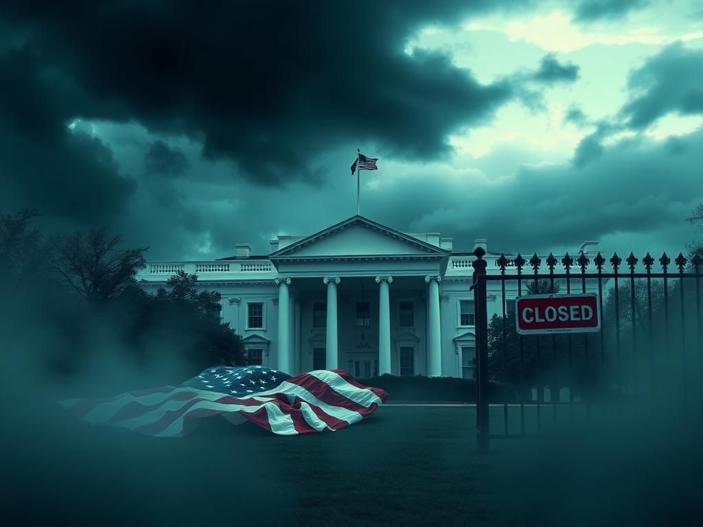 Flick International Exterior view of the White House under dark clouds with a cracked American flag on the steps