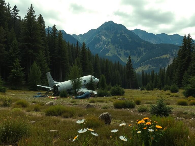 Flick International Wreckage of a twin-engine plane in the Montana wilderness, surrounded by dense trees and wildflowers