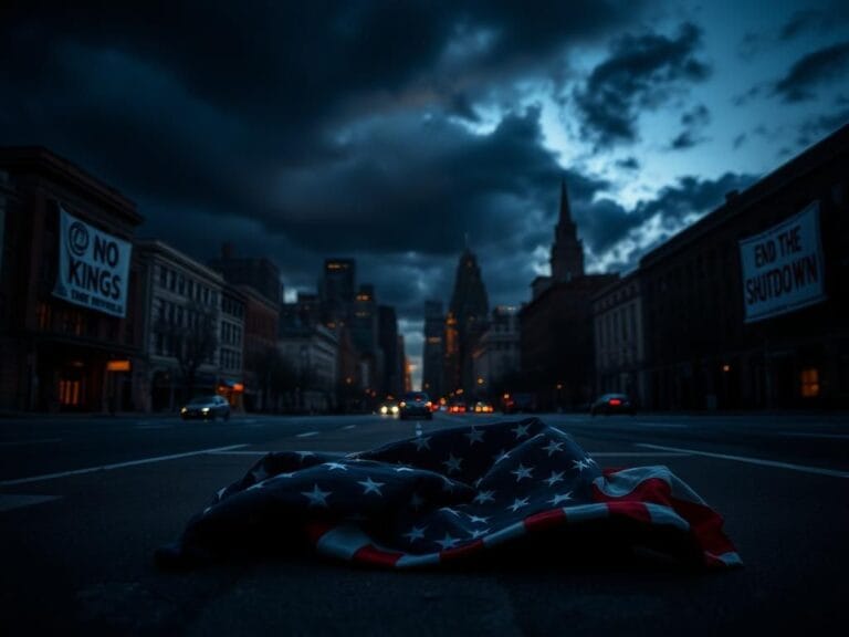 Flick International Somber cityscape at dusk showcasing empty streets and protest banners