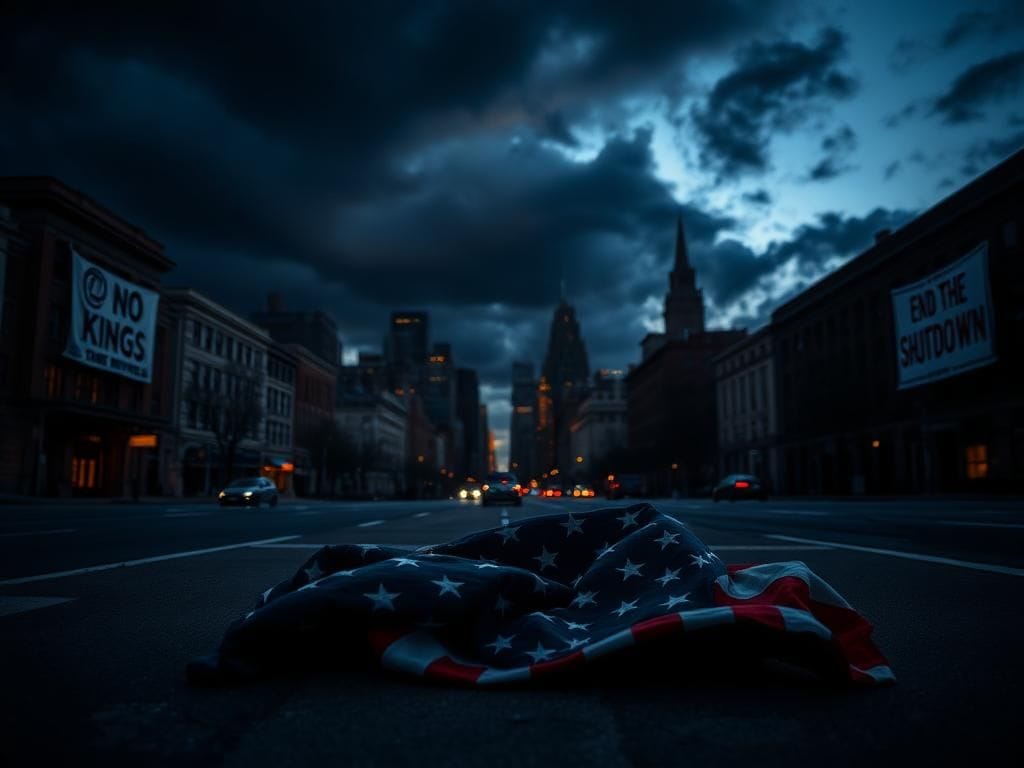 Flick International Somber cityscape at dusk showcasing empty streets and protest banners