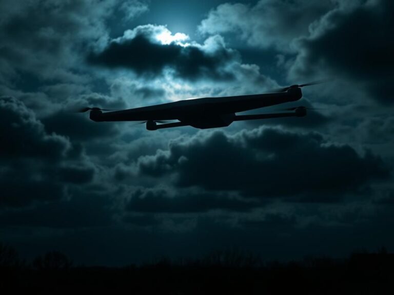 Flick International A futuristic 20-foot drone soaring silently in a night sky over New Jersey