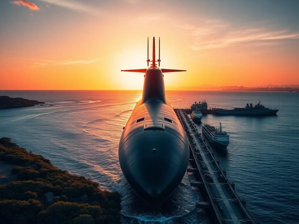 Flick International Aerial view of a nuclear-powered submarine at an Australian naval base