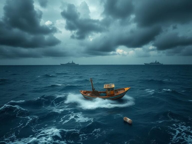 Flick International A distressed fishing boat battling turbulent waves in a stormy Caribbean Sea