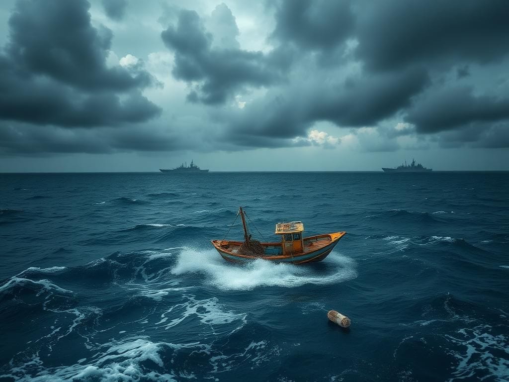 Flick International A distressed fishing boat battling turbulent waves in a stormy Caribbean Sea