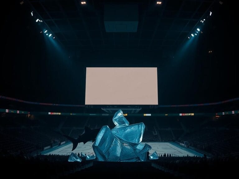 Flick International Darkened sports arena featuring a large empty video board with faint ambient lights