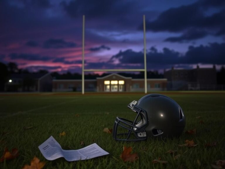 Flick International Abandoned football helmet on a high school field at dusk, symbolizing neglect and lost opportunities